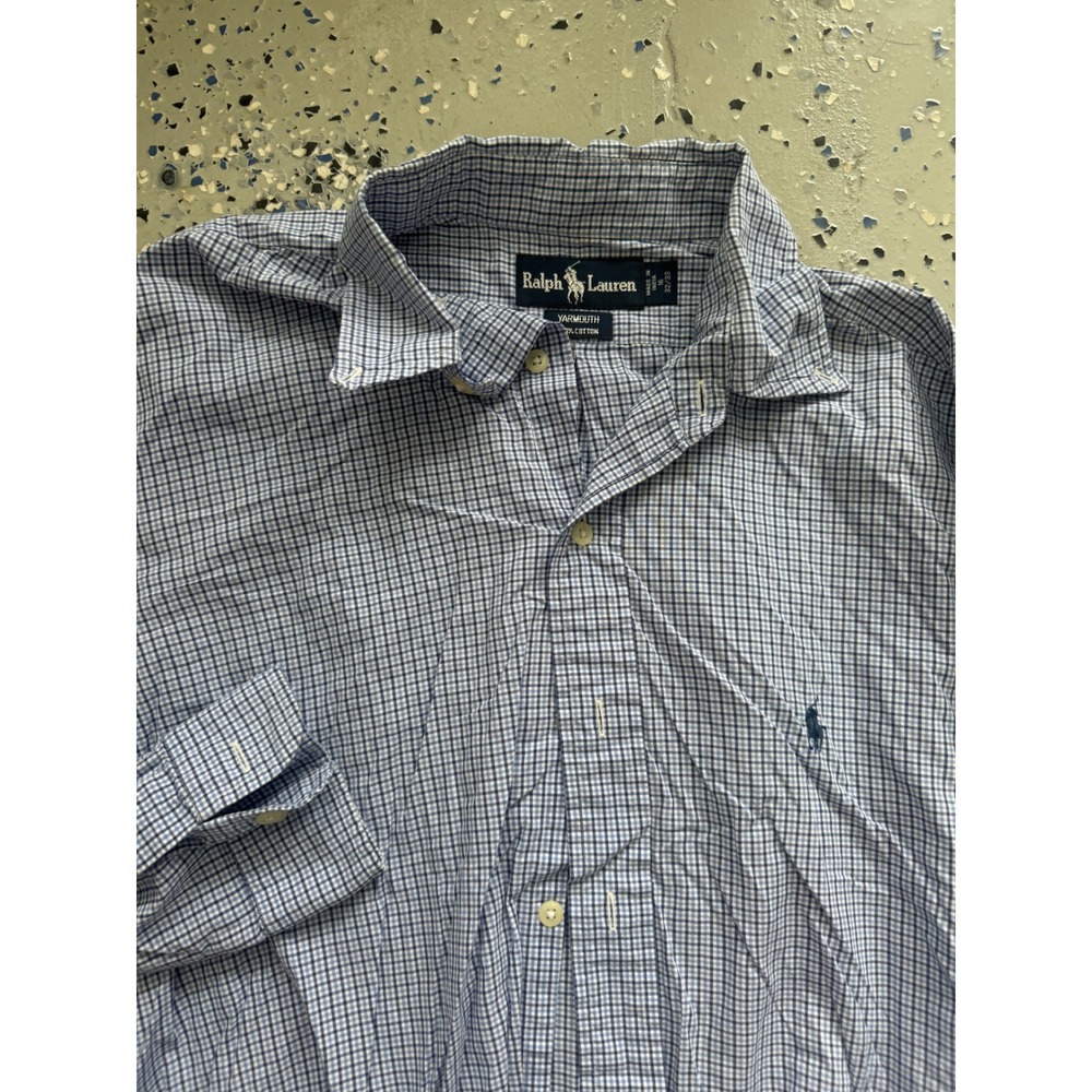 Ralph Lauren Yarmouth Mens Blue Checkered Button Down Shirt Size 16 32/33
